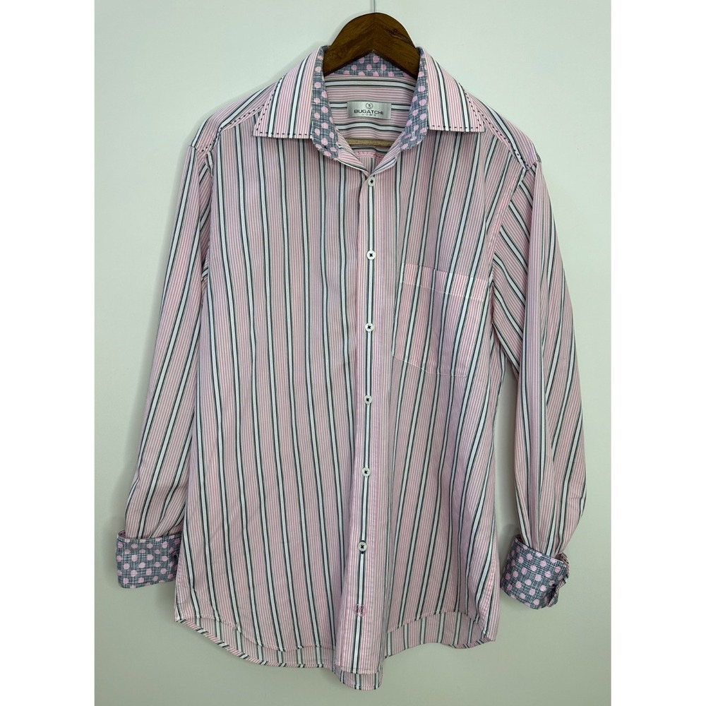 Bugatchi Uomo Pink White Striped Cotton Long Sleeve Button Down Shirt Mens Large - Picture 3 of 12